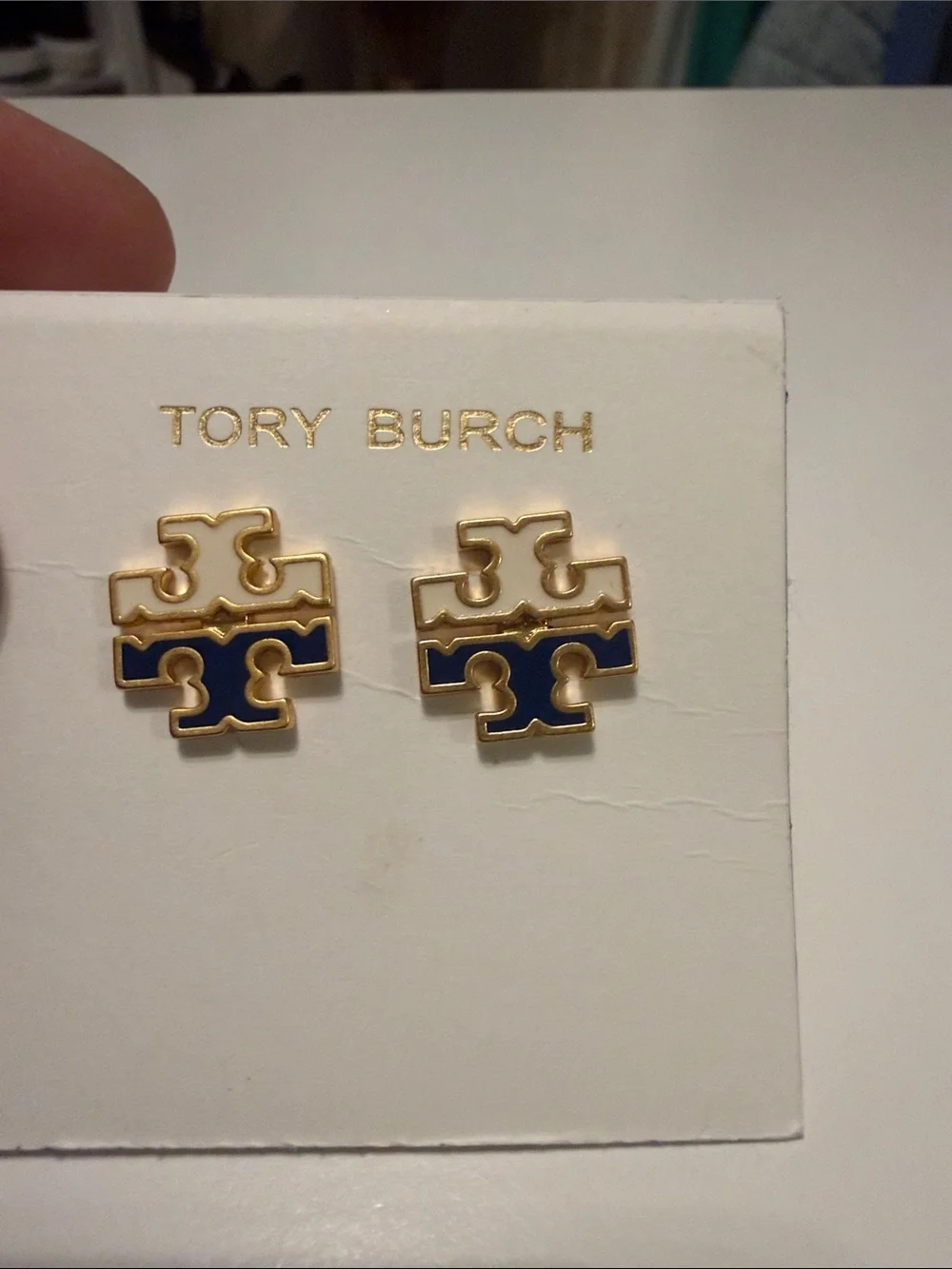 Tory Burch White and Navy Logo Stud Earrings